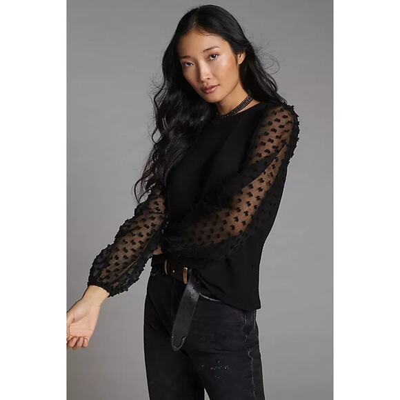 Anthropologie Maeve Textured-Sleeve Top Black Size XS Petite - Picture 2 of 10